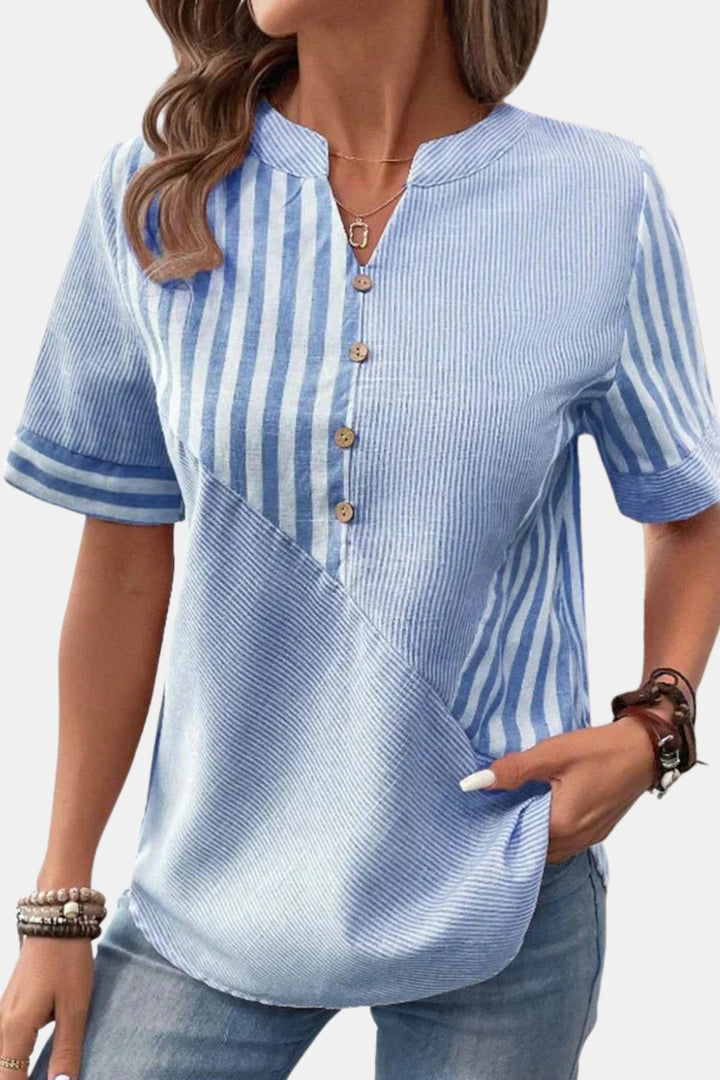 Emberlynn | Striped Short Sleeve Blouse with Button Neck