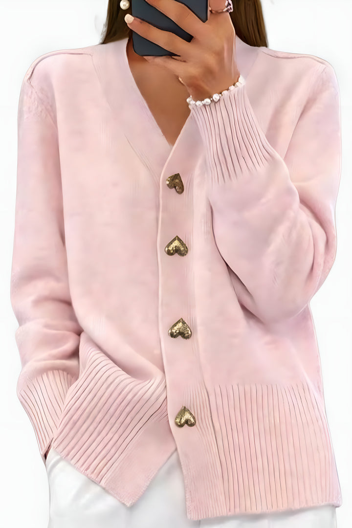 Ensley | V Neck Cardigan with Heart Button Detail