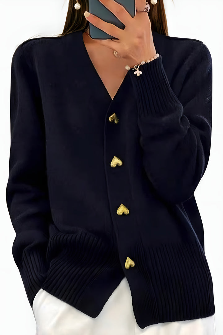 Ensley | V Neck Cardigan with Heart Button Detail