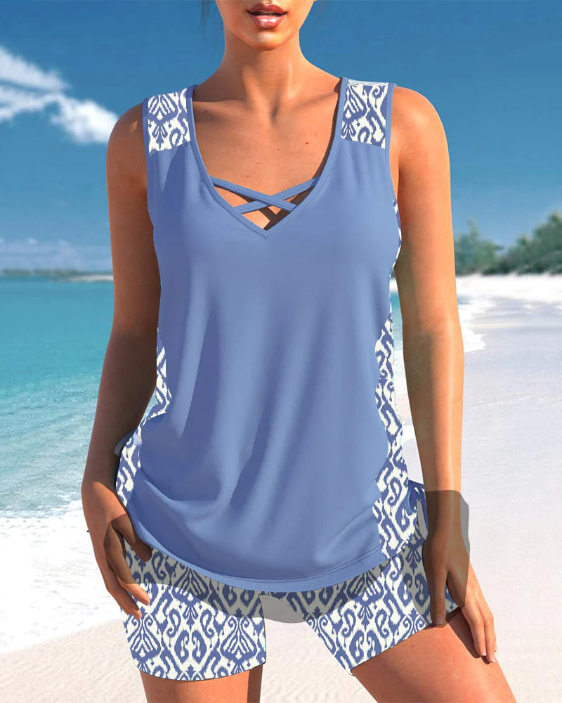 Erin | Criss Cross Tankini Set with Printed Shorts