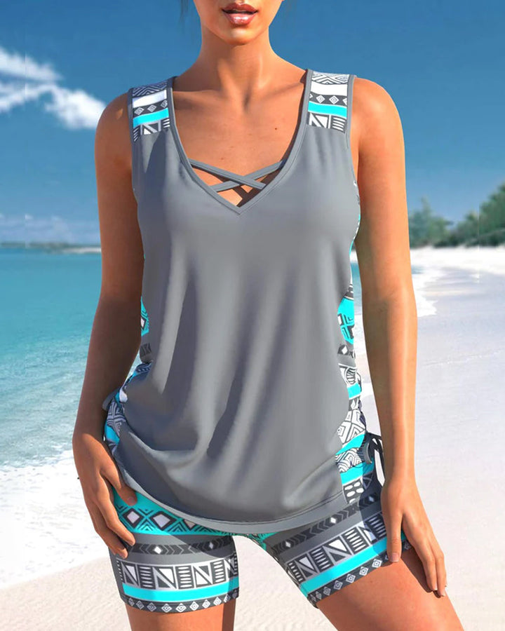 Erin | Criss Cross Tankini Set with Printed Shorts