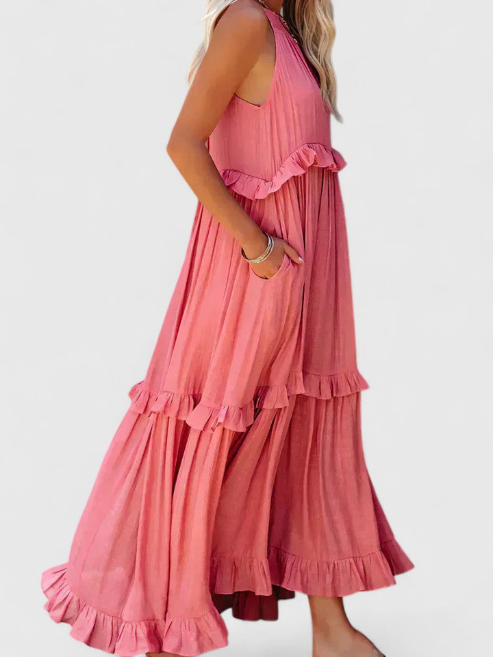 Eryndra | Tiered Ruffle Maxi Dress with Smocked Neckline