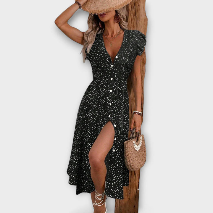 Eryvessa | Polka Dot Midi Dress with Button Front