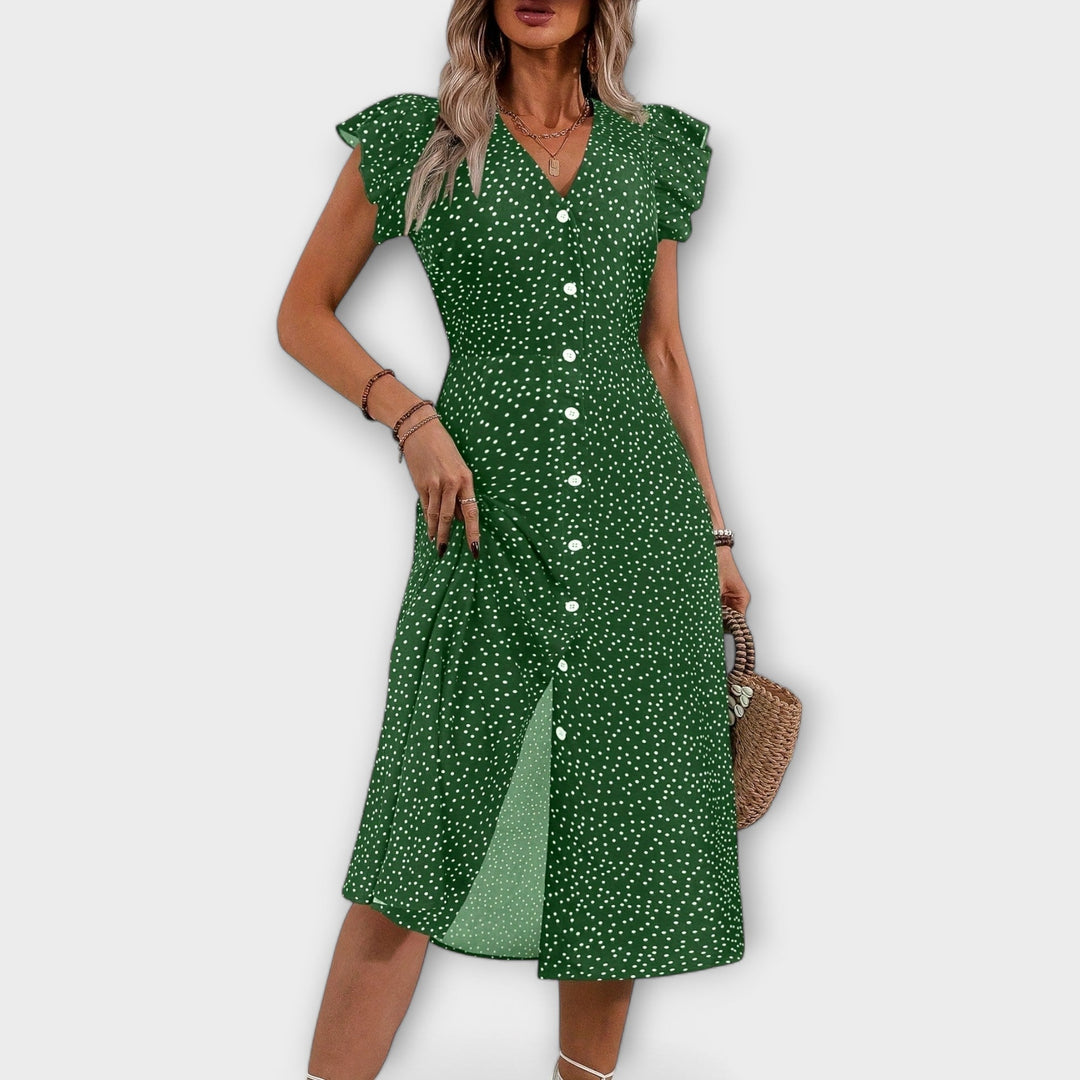 Eryvessa | Polka Dot Midi Dress with Button Front