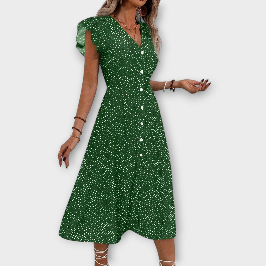 Eryvessa | Polka Dot Midi Dress with Button Front