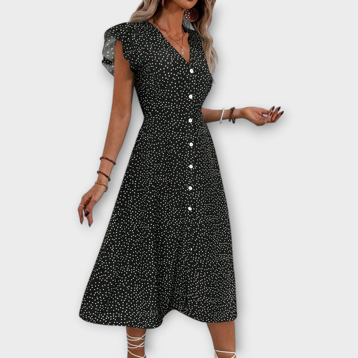 Eryvessa | Polka Dot Midi Dress with Button Front