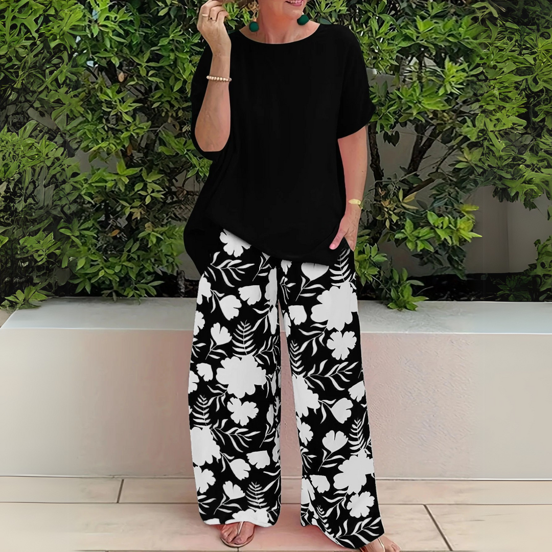 Estella | Two Piece Set with Short Sleeve Top and Floral Pants