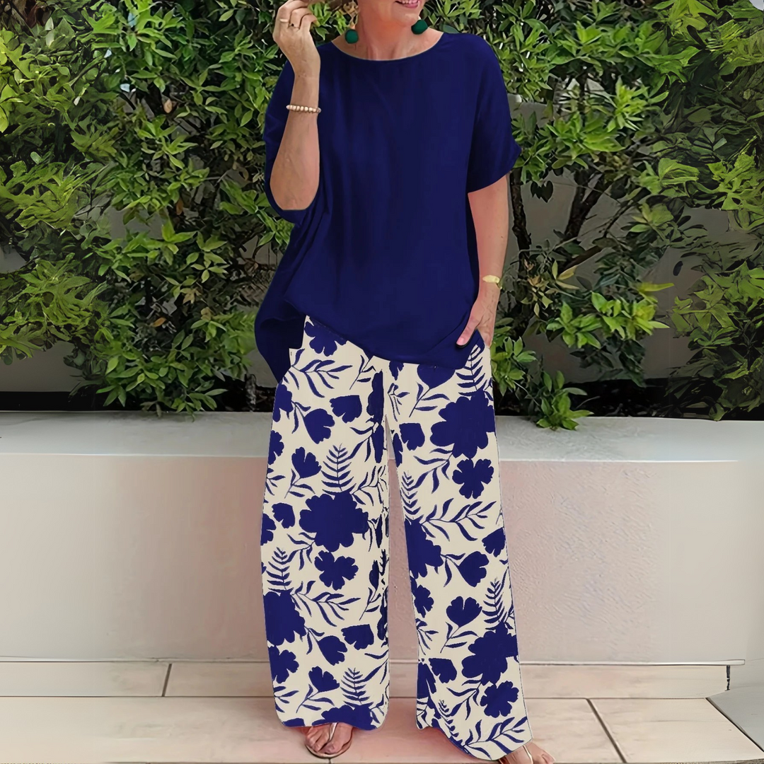 Estella | Two Piece Set with Short Sleeve Top and Floral Pants
