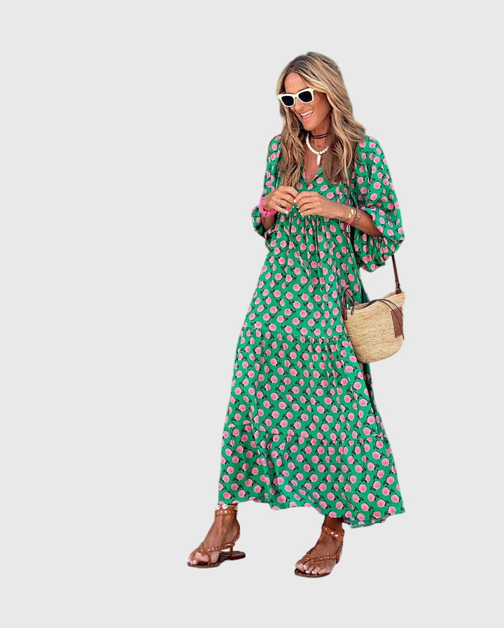 Evarisse | Boho Printed Maxi Dress with Puff Sleeves