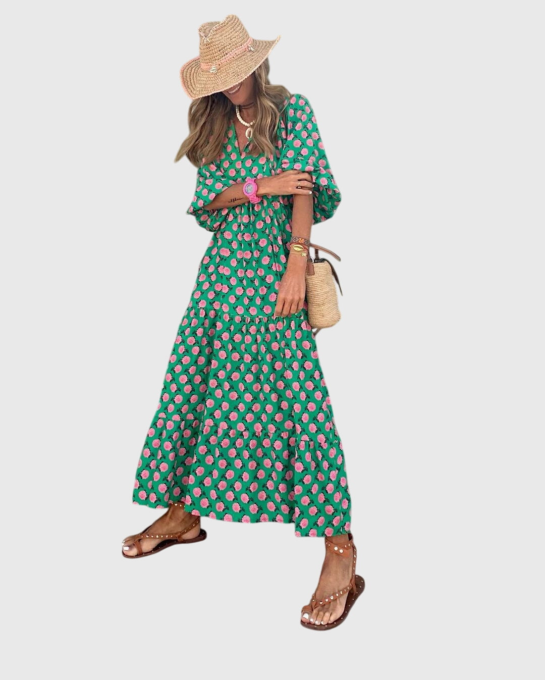 Evarisse | Boho Printed Maxi Dress with Puff Sleeves