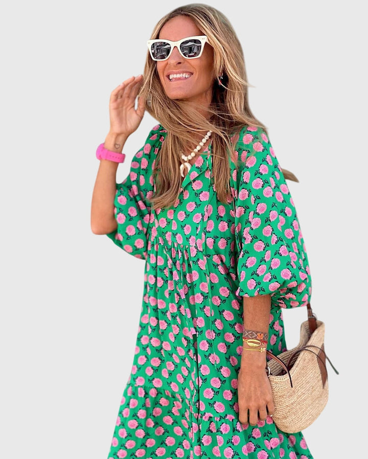 Evarisse | Boho Printed Maxi Dress with Puff Sleeves