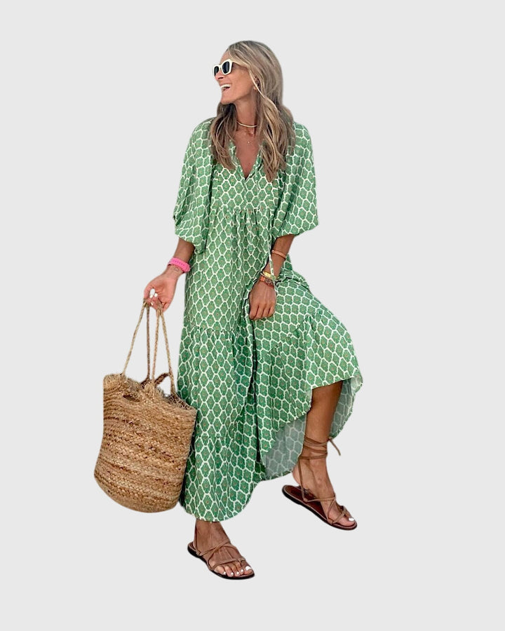 Evarisse | Boho Printed Maxi Dress with Puff Sleeves