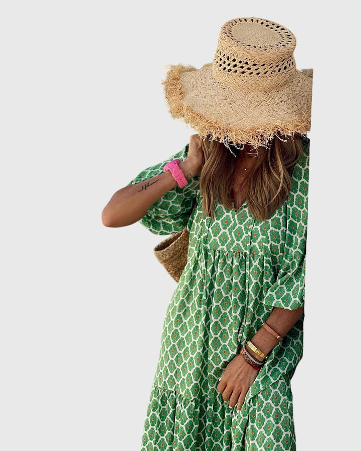 Evarisse | Boho Printed Maxi Dress with Puff Sleeves