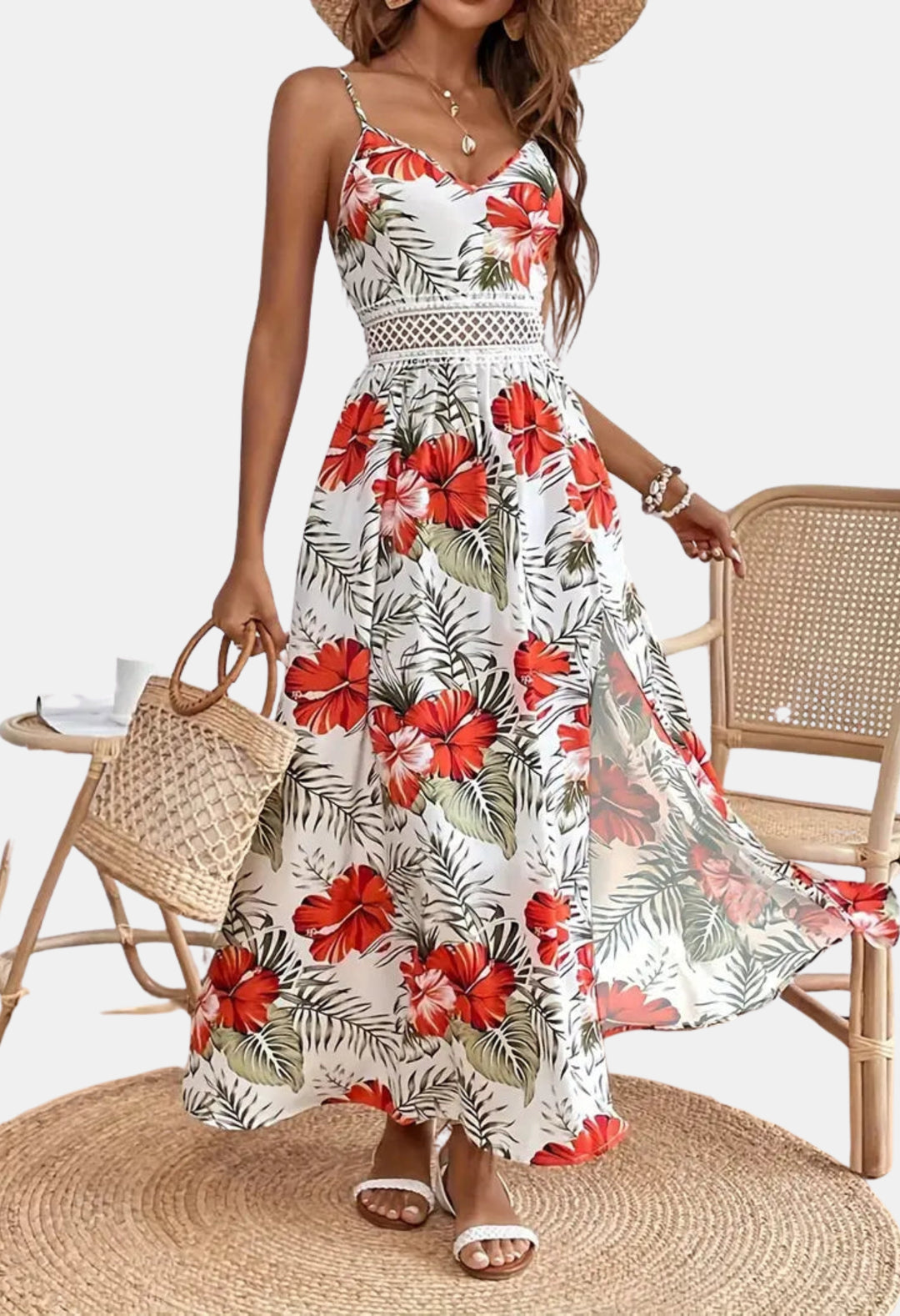 Evarzella | Wedding Guest Floral Midi Dress with Lace Waist