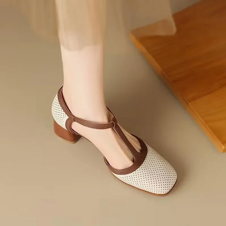 Evelyn | T Strap Block Heel Pumps with Perforated Detail