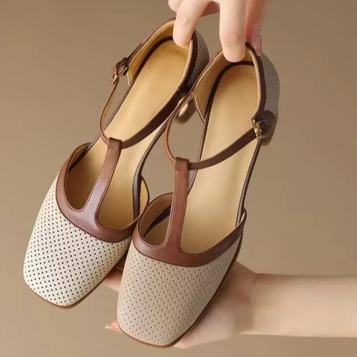 Evelyn | T Strap Block Heel Pumps with Perforated Detail
