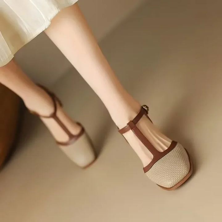 Evelyn | T Strap Block Heel Pumps with Perforated Detail