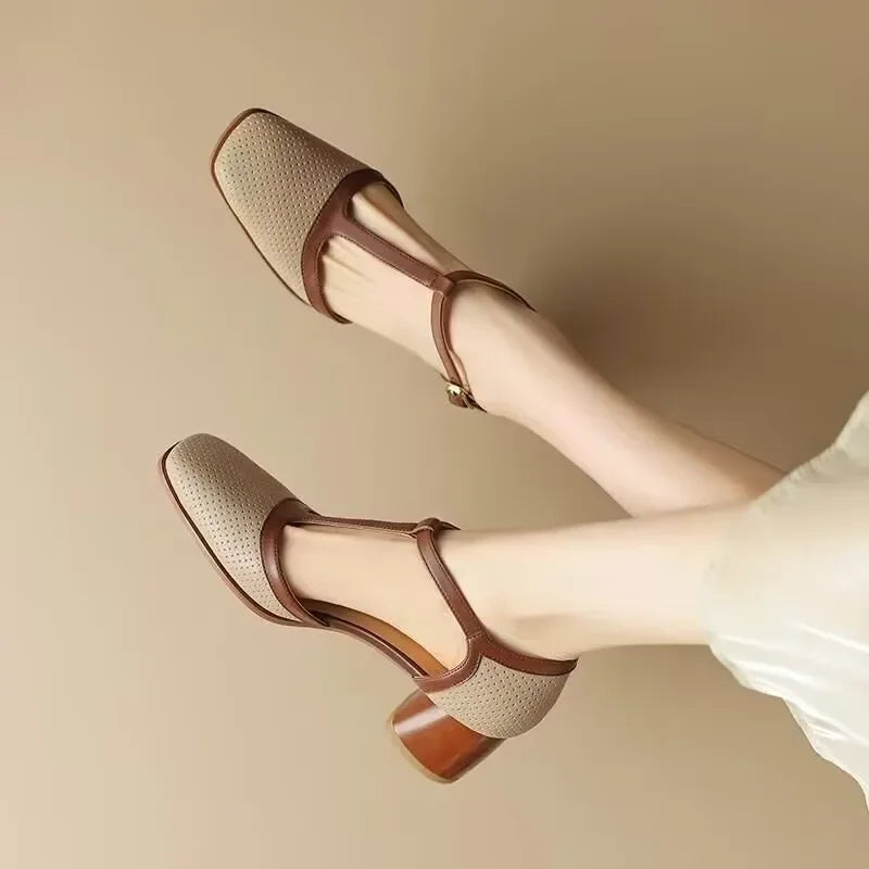 Evelyn | T Strap Block Heel Pumps with Perforated Detail