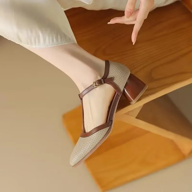 Evelyn | T Strap Block Heel Pumps with Perforated Detail