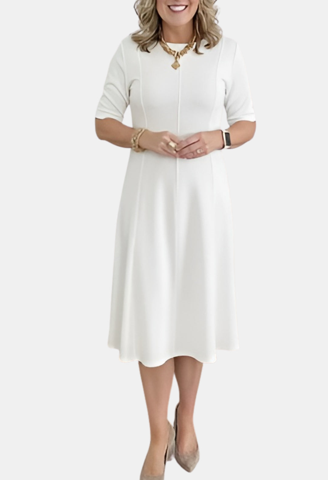 Evorina | Classic A-Line Midi Dress with Short Sleeves