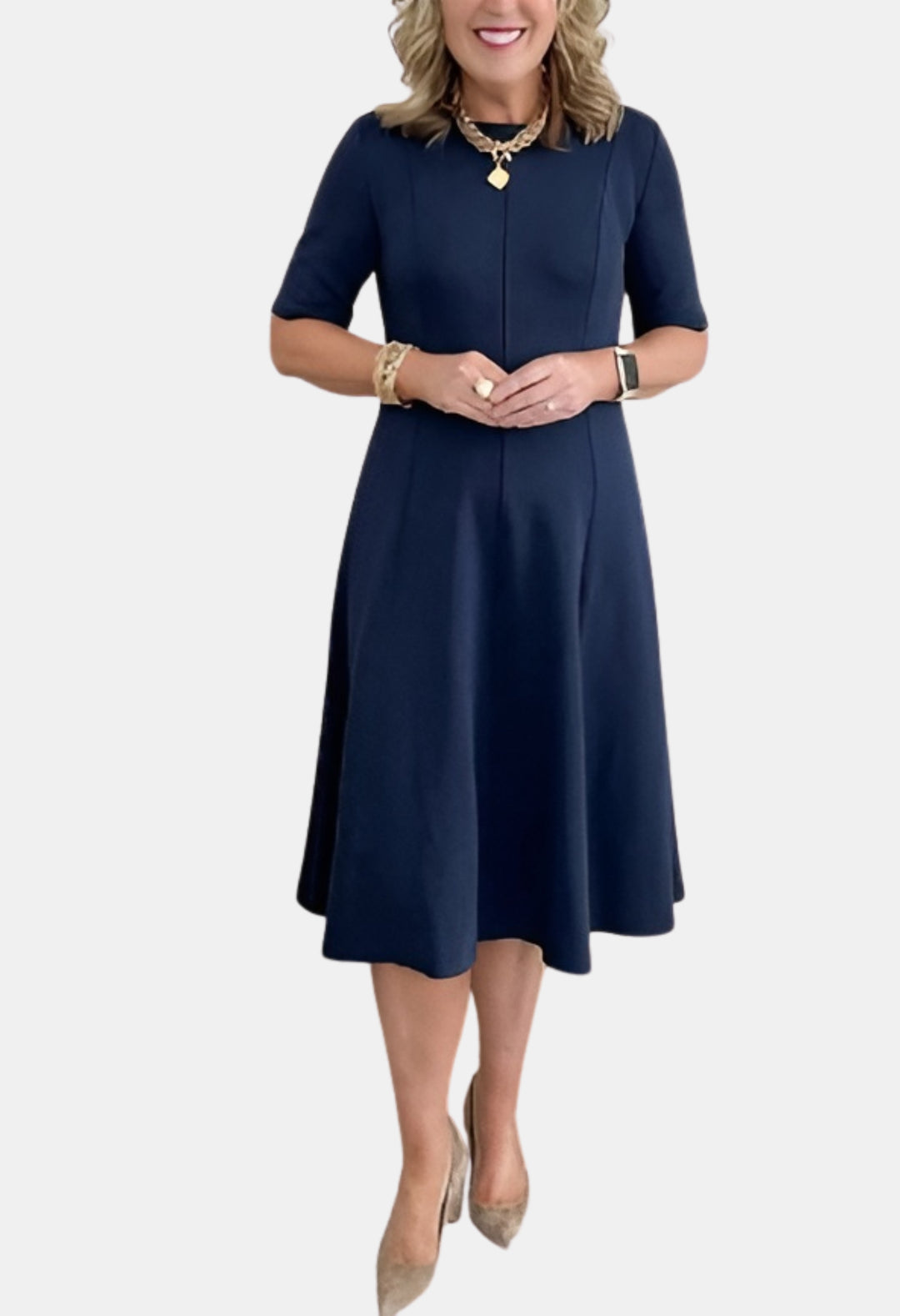 Evorina | Classic A-Line Midi Dress with Short Sleeves
