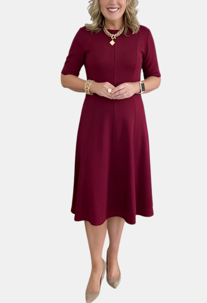 Evorina | Classic A-Line Midi Dress with Short Sleeves