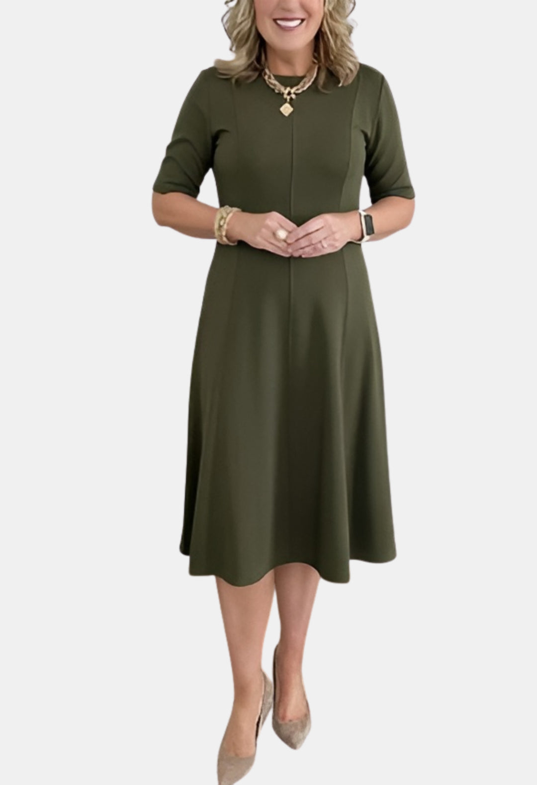 Evorina | Classic A-Line Midi Dress with Short Sleeves