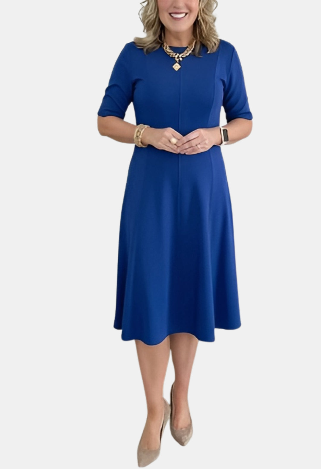 Evorina | Classic A-Line Midi Dress with Short Sleeves