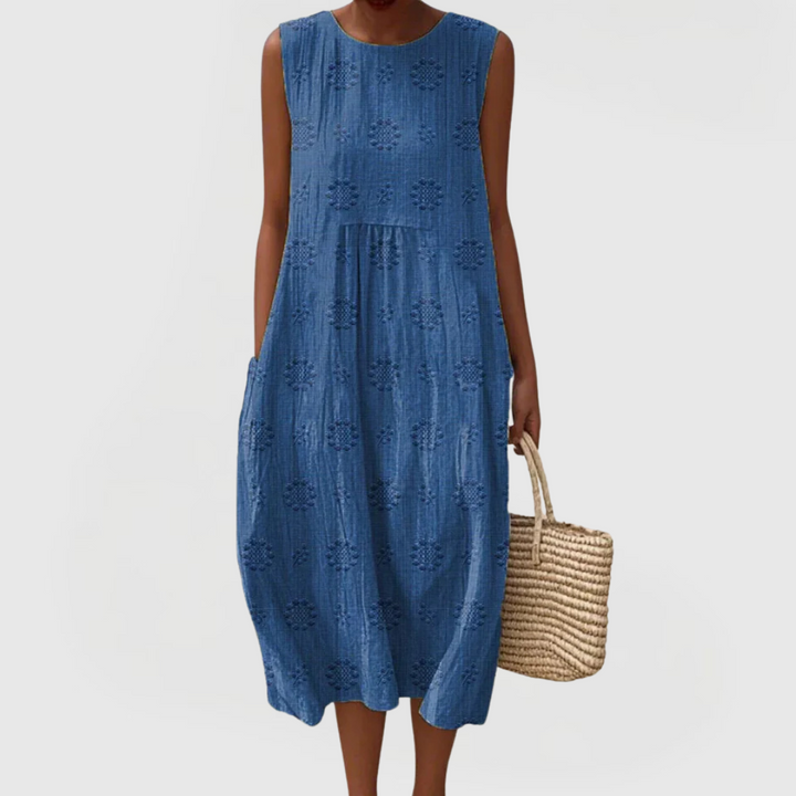 Evrenna | Sleeveless Embroidered Midi Dress with Pockets