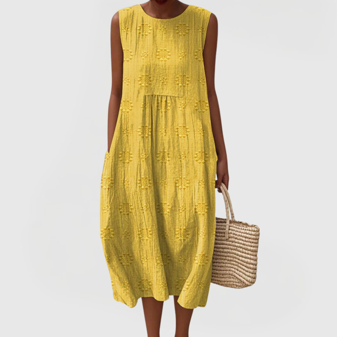 Evrenna | Sleeveless Embroidered Midi Dress with Pockets