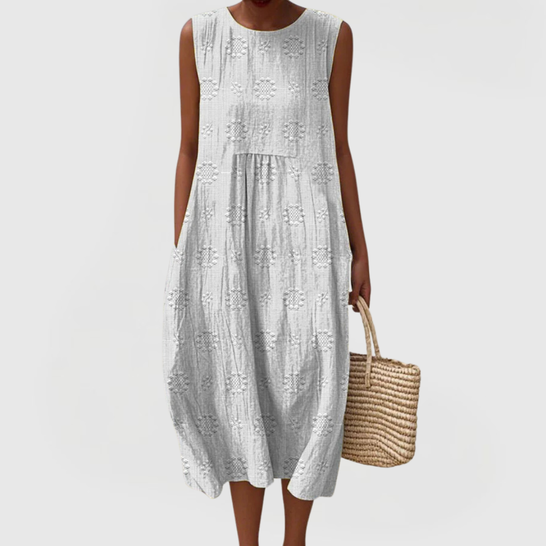 Evrenna | Sleeveless Embroidered Midi Dress with Pockets