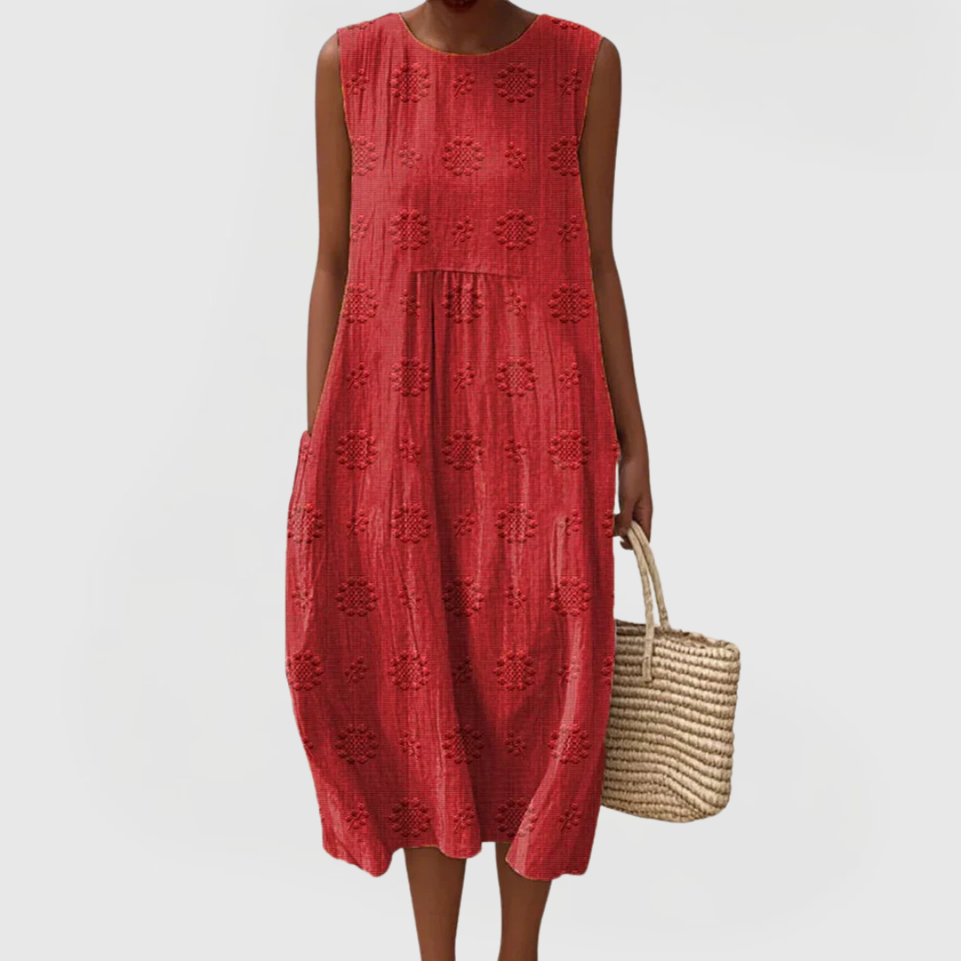 Evrenna | Sleeveless Embroidered Midi Dress with Pockets