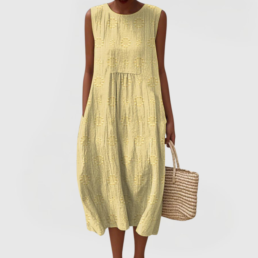Evrenna | Sleeveless Embroidered Midi Dress with Pockets