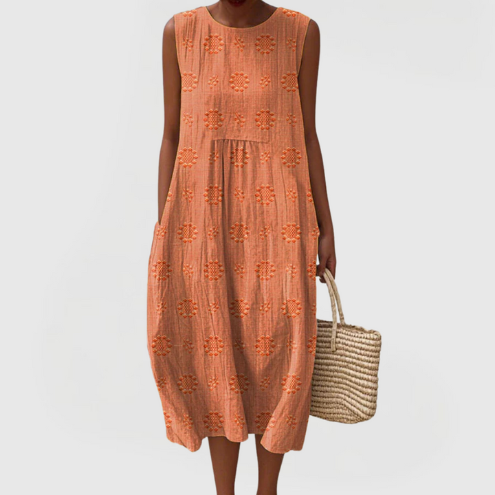 Evrenna | Sleeveless Embroidered Midi Dress with Pockets