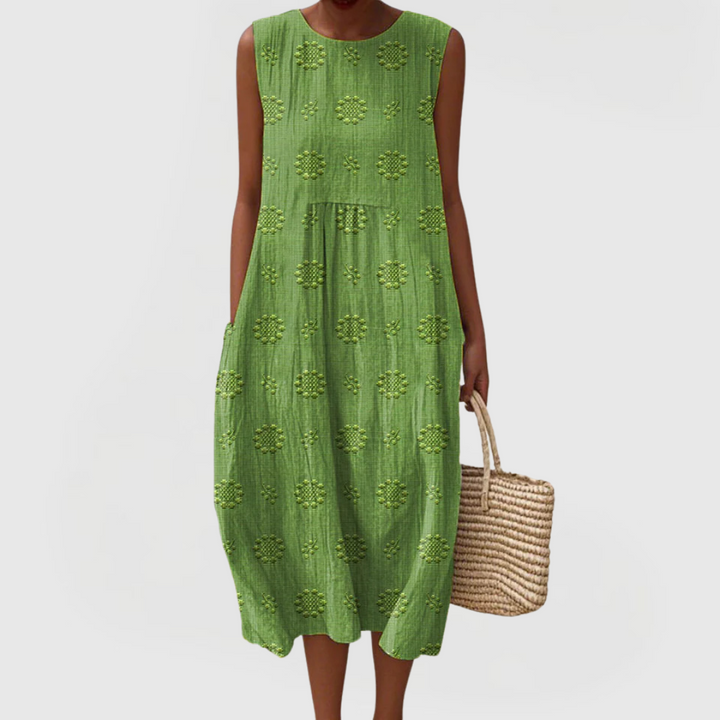 Evrenna | Sleeveless Embroidered Midi Dress with Pockets