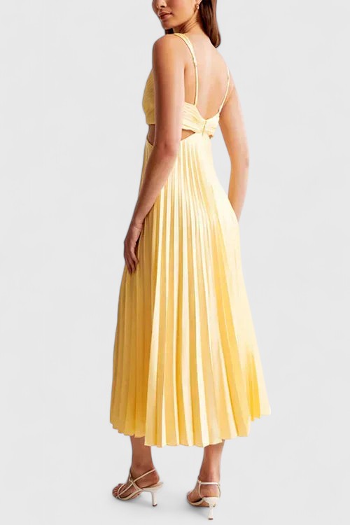 Falvoria | Pleated Midi Dress with V-Neck and Cutout Waist