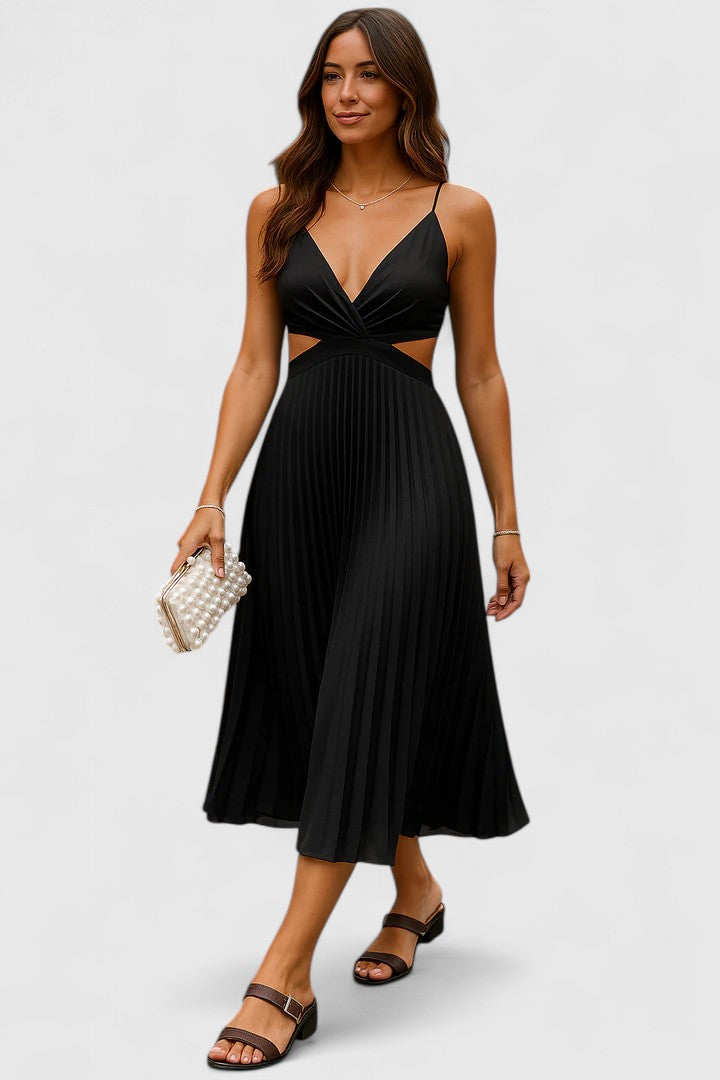 Falvoria | Pleated Midi Dress with V-Neck and Cutout Waist