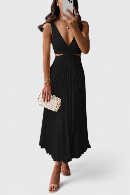 Falvoria | Pleated Midi Dress with V-Neck and Cutout Waist