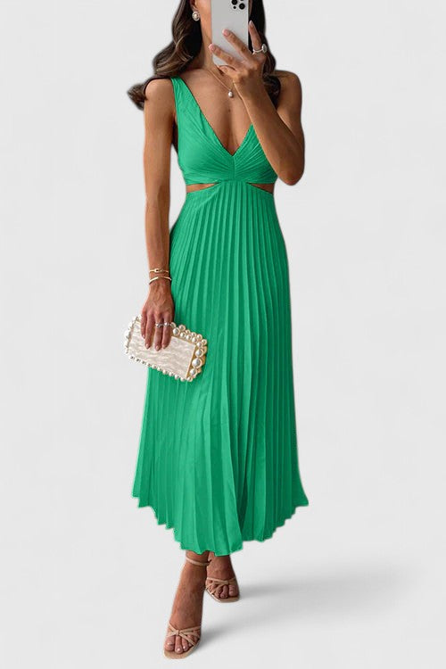 Falvoria | Pleated Midi Dress with V-Neck and Cutout Waist