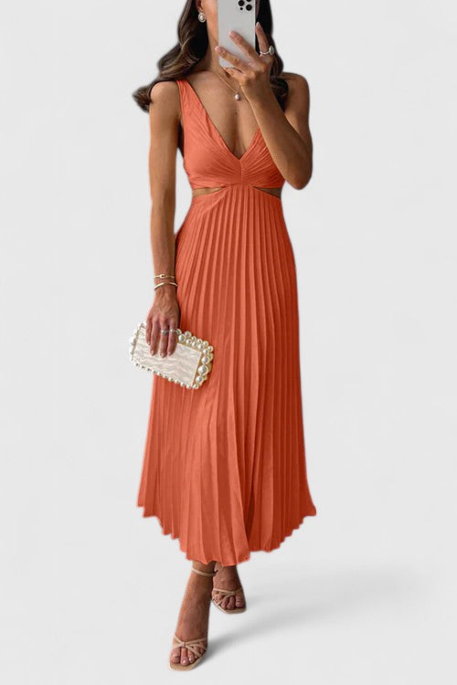 Falvoria | Pleated Midi Dress with V-Neck and Cutout Waist