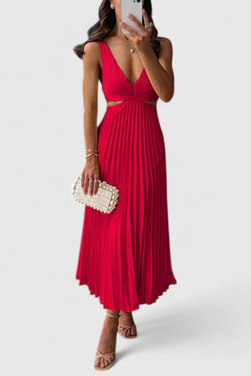 Falvoria | Pleated Midi Dress with V-Neck and Cutout Waist