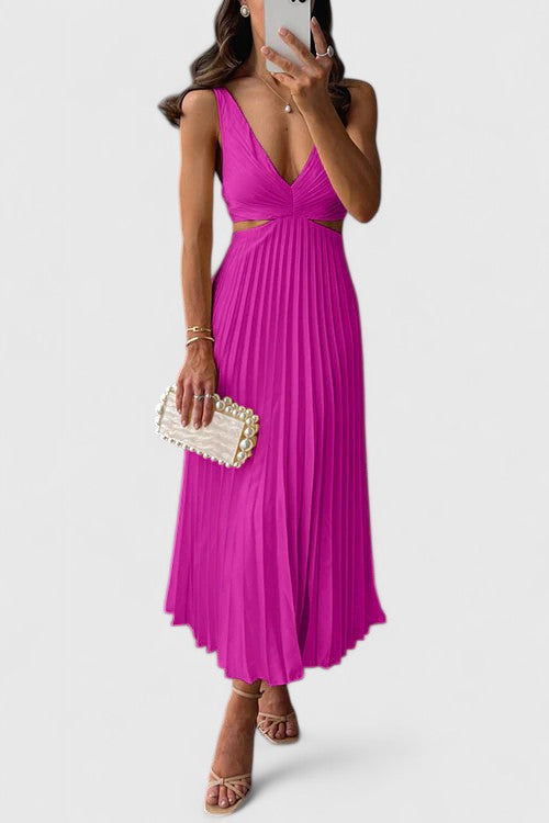 Falvoria | Pleated Midi Dress with V-Neck and Cutout Waist