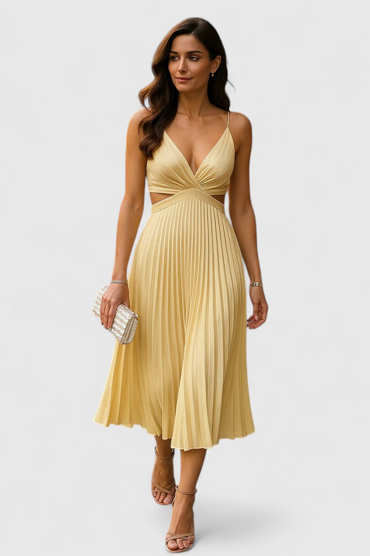 Falvoria | Pleated Midi Dress with V-Neck and Cutout Waist
