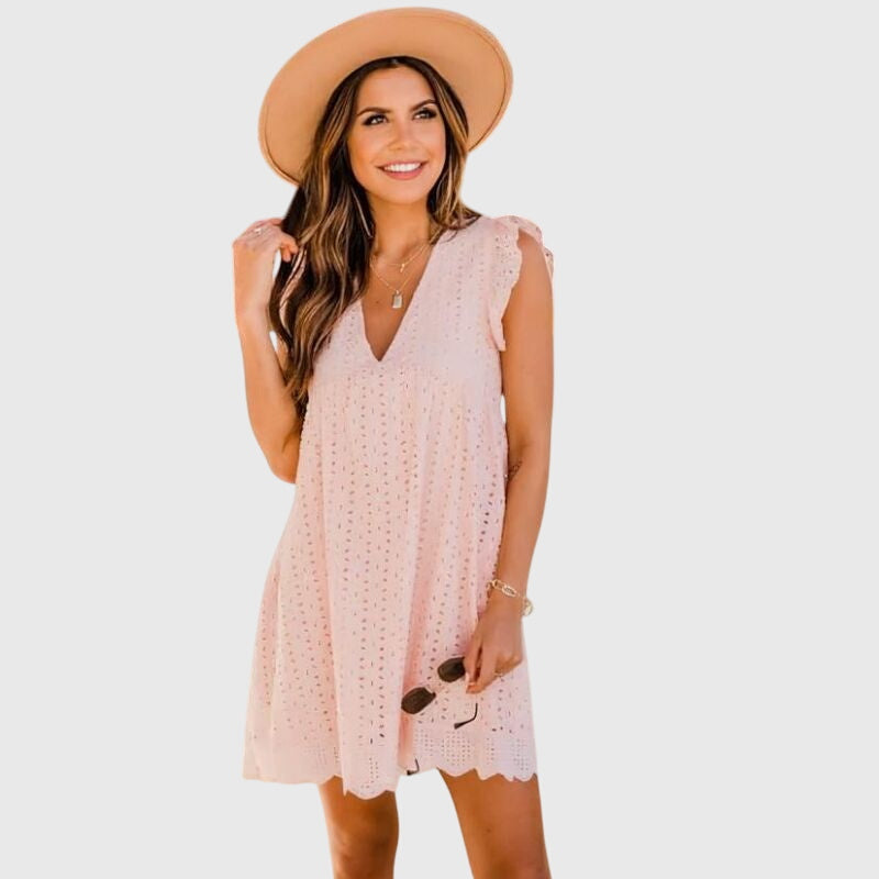 Falynora | Boho Eyelet Mini Dress with Flutter Sleeves