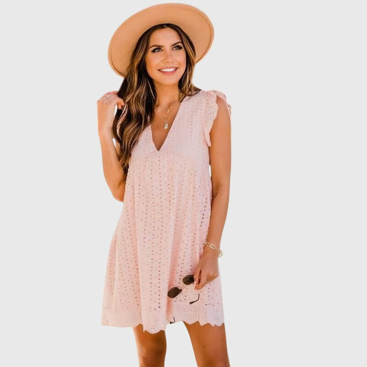 Falynora | Boho Eyelet Mini Dress with Flutter Sleeves