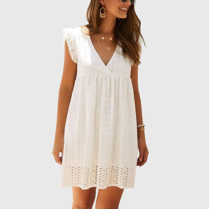 Falynora | Boho Eyelet Mini Dress with Flutter Sleeves