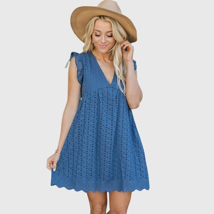Falynora | Boho Eyelet Mini Dress with Flutter Sleeves