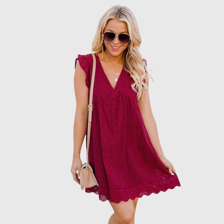 Falynora | Boho Eyelet Mini Dress with Flutter Sleeves