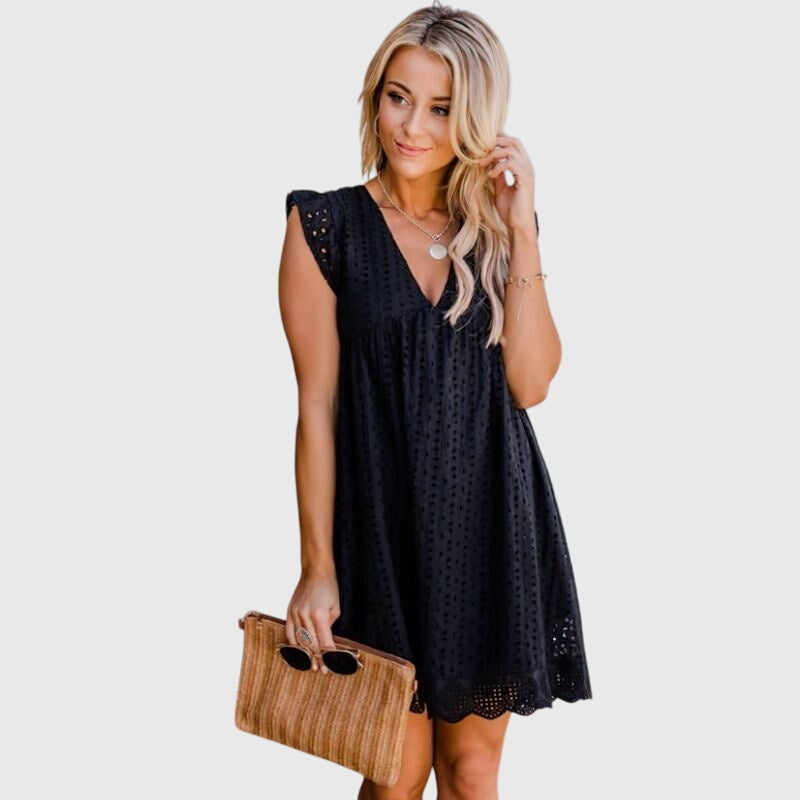 Falynora | Boho Eyelet Mini Dress with Flutter Sleeves