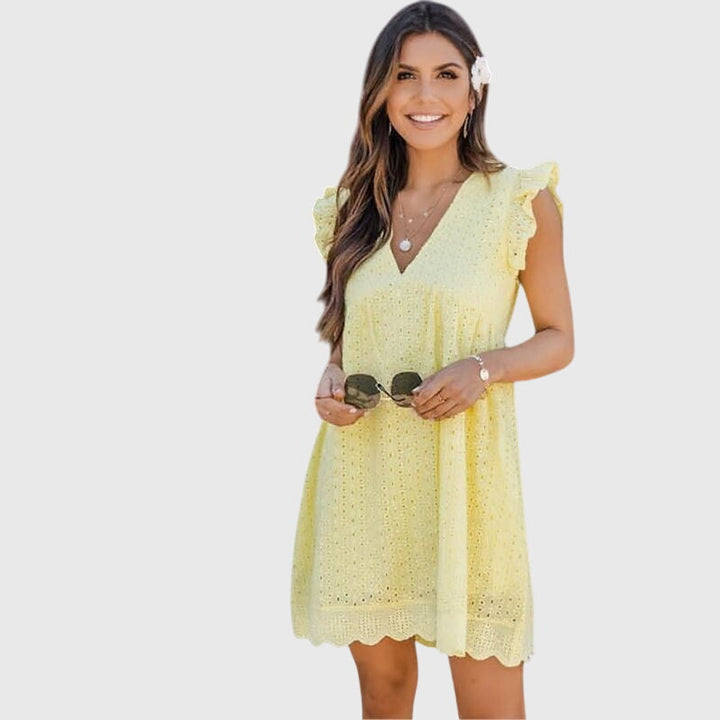 Falynora | Boho Eyelet Mini Dress with Flutter Sleeves